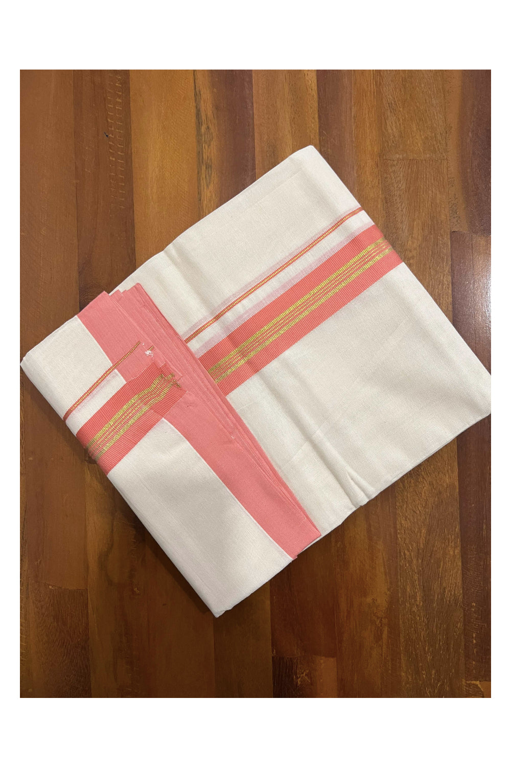 Off White Pure Cotton Double Mundu with Kasavu and Peach Kara (South Indian Dhoti)