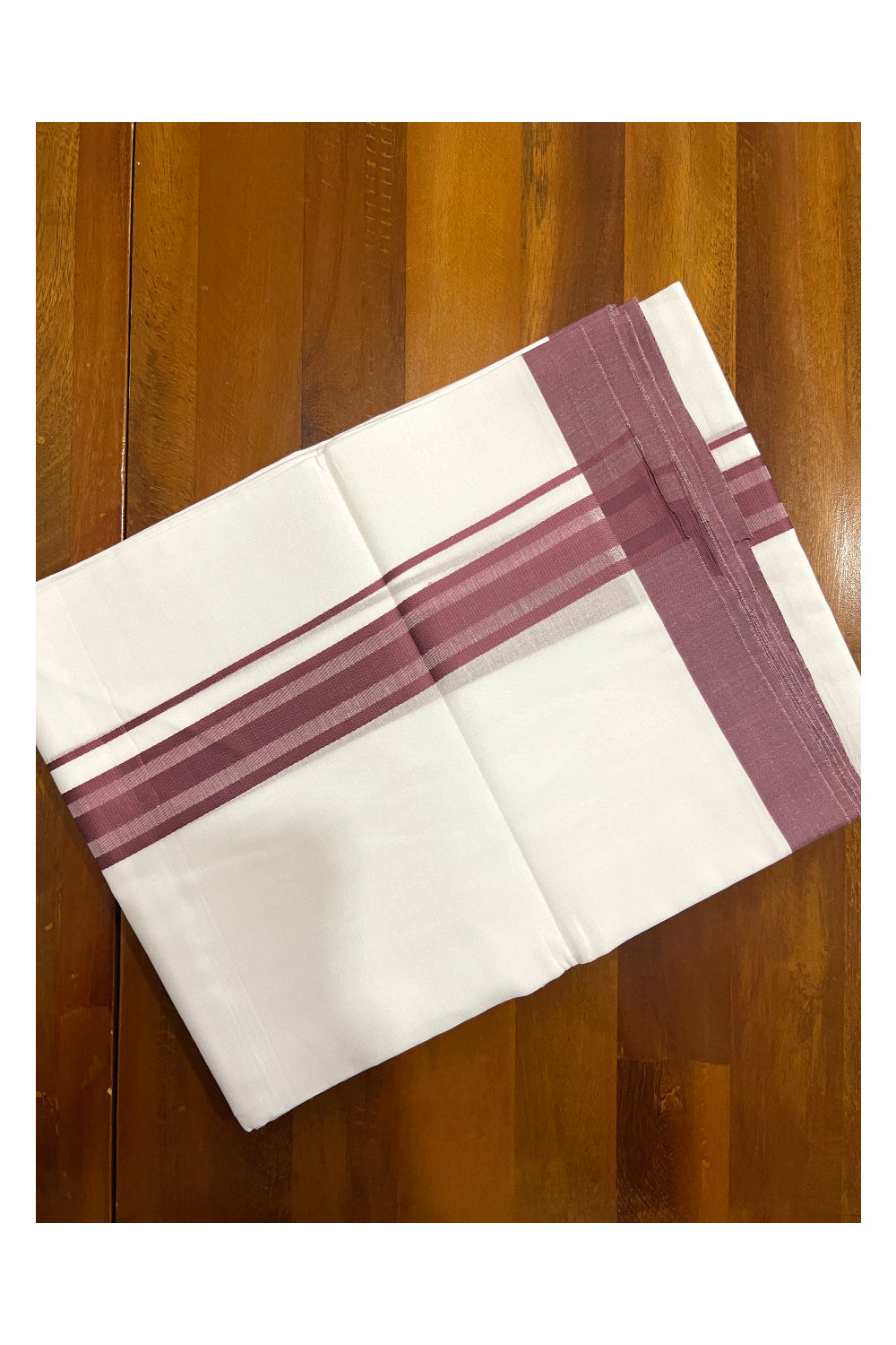 Pure White Cotton Double Mundu with Brown Line Border (South Indian Dhoti)