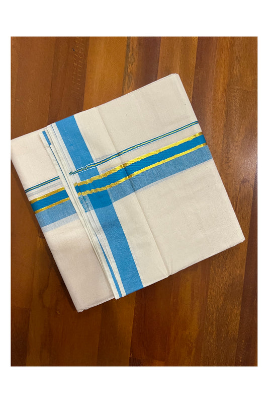 Off White Pure Cotton Double Mundu with Kasavu and Light Blue Kara (South Indian Dhoti)