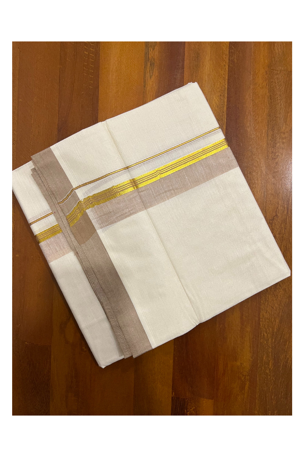 Pure Cotton Off White Double Mundu with Light Brown and Kasavu Border (South Indian Dhoti)