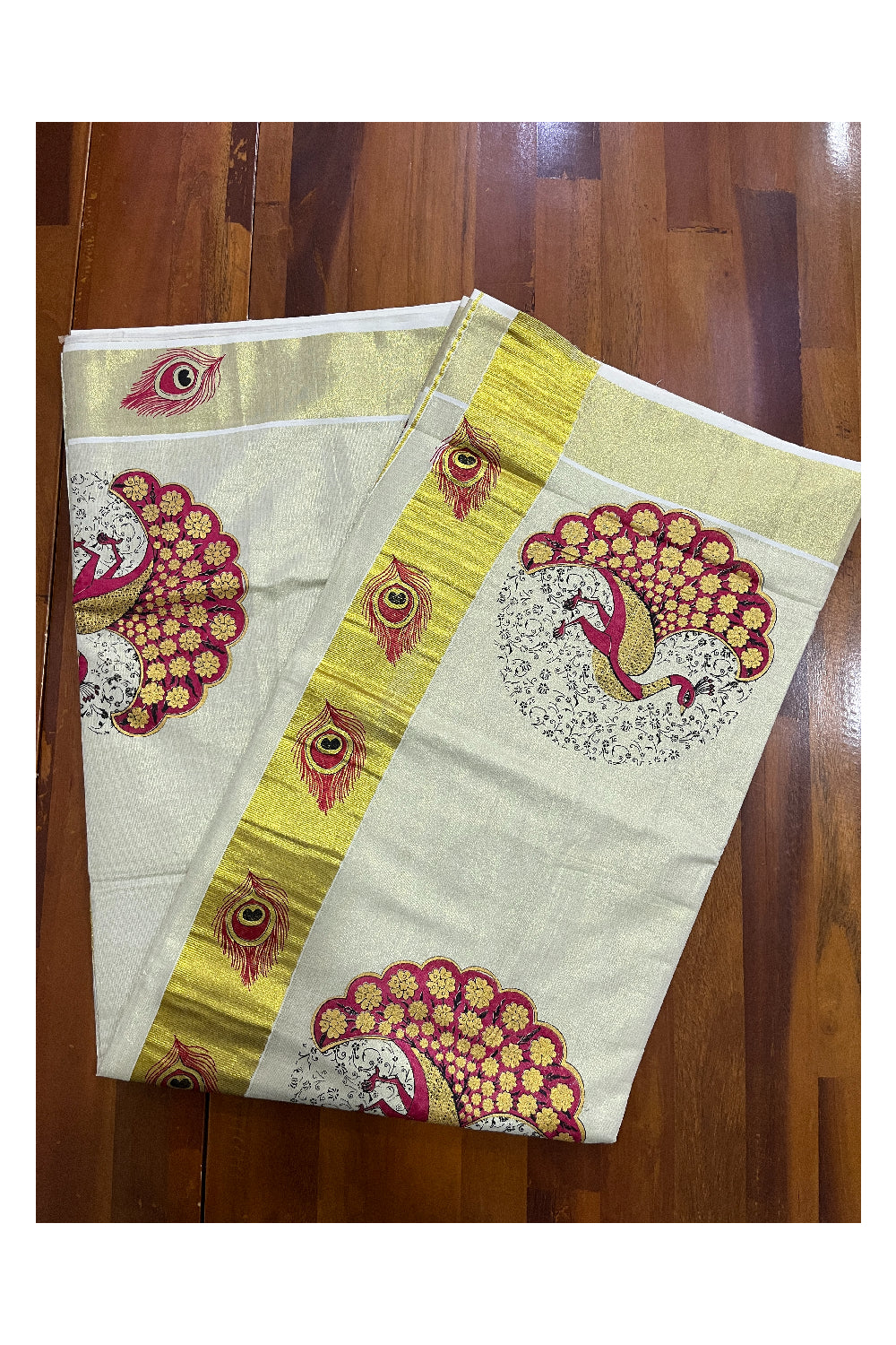 Kerala Tissue Kasavu Saree with Red Peacock Mural Printed Design