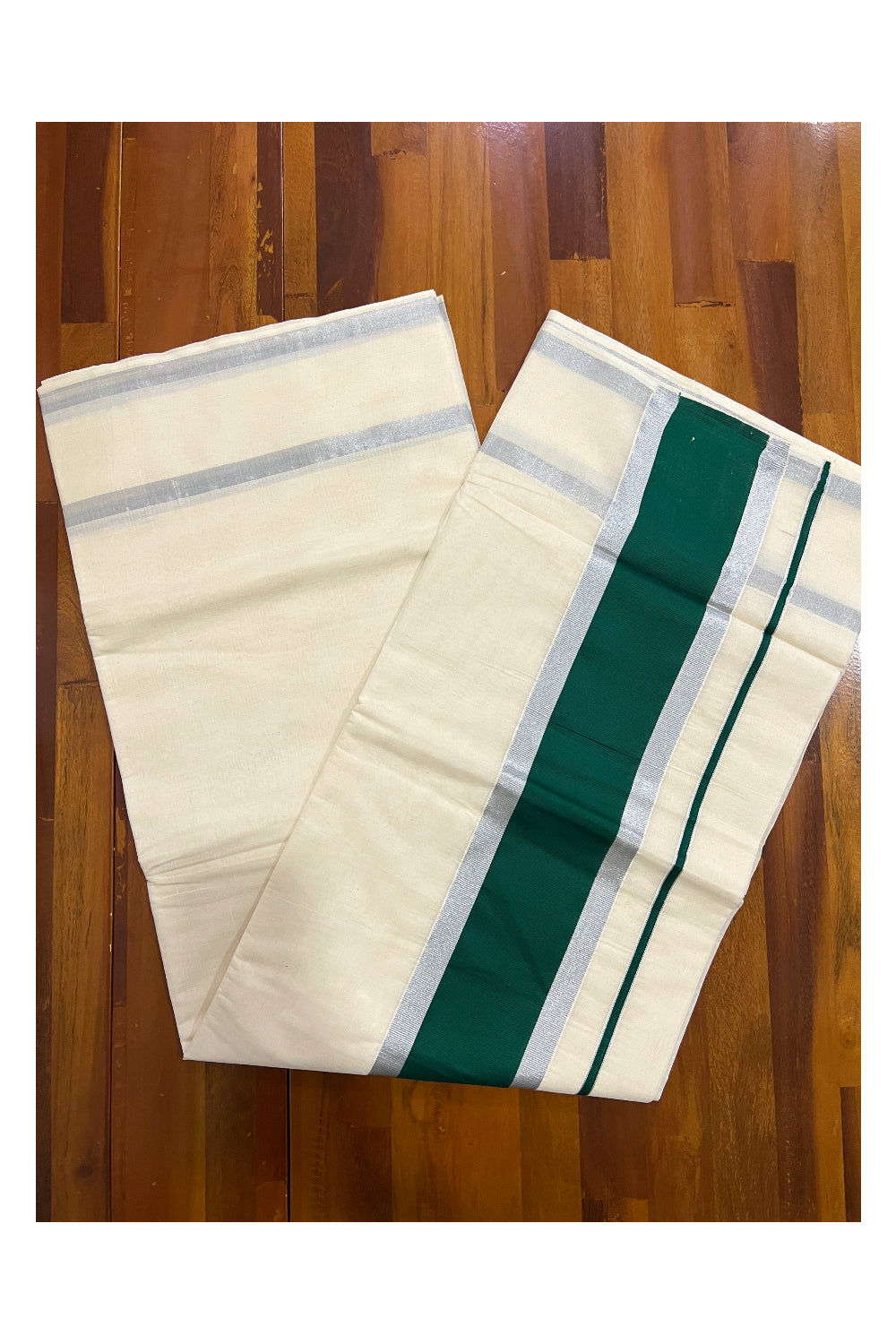 Pure Cotton Kerala Plain Saree with Silver Kasavu and Green Pallu