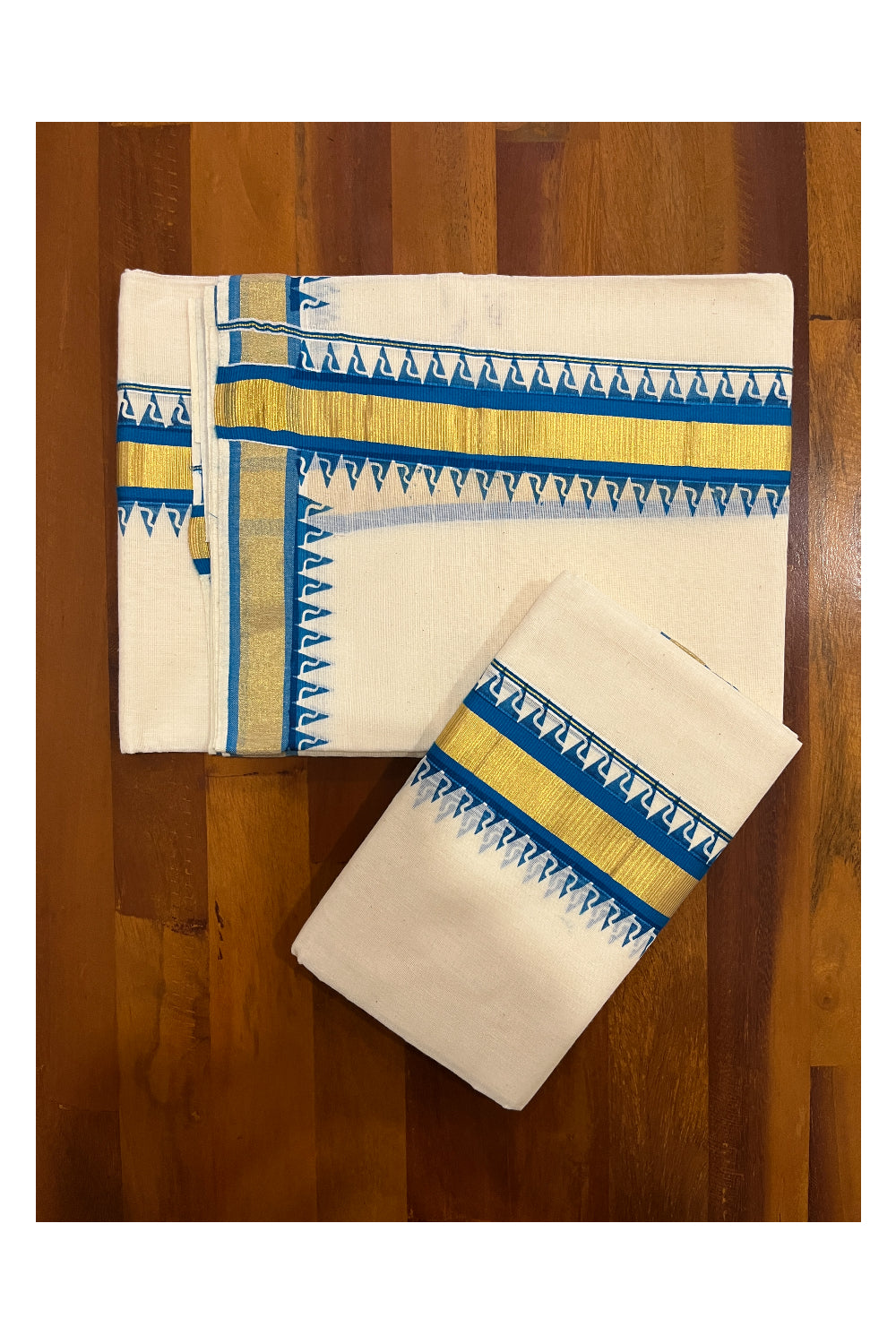 Pure Cotton Kasavu Single Set Mundu (Mundum Neriyathum Vishu 2023) with Blue Temple Border 2.80 Mtrs