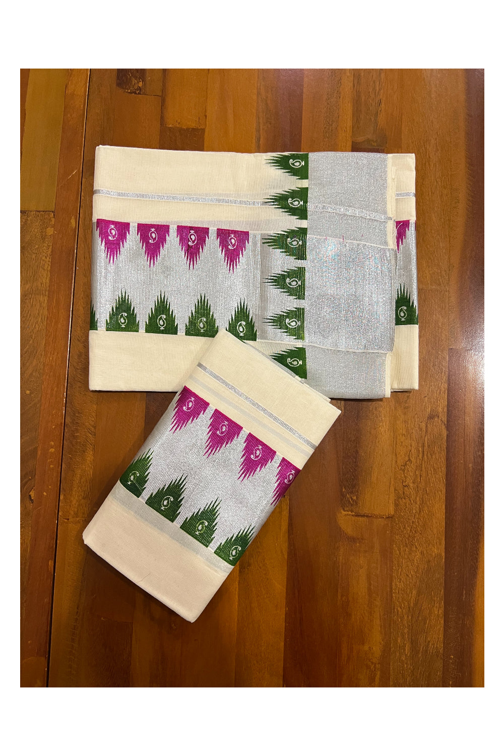 Kerala Cotton Mundum Neriyathum Single (Set Mundu) with Green Magenta Temple Block Prints and Silver Kasavu Border 2.80 Mtrs