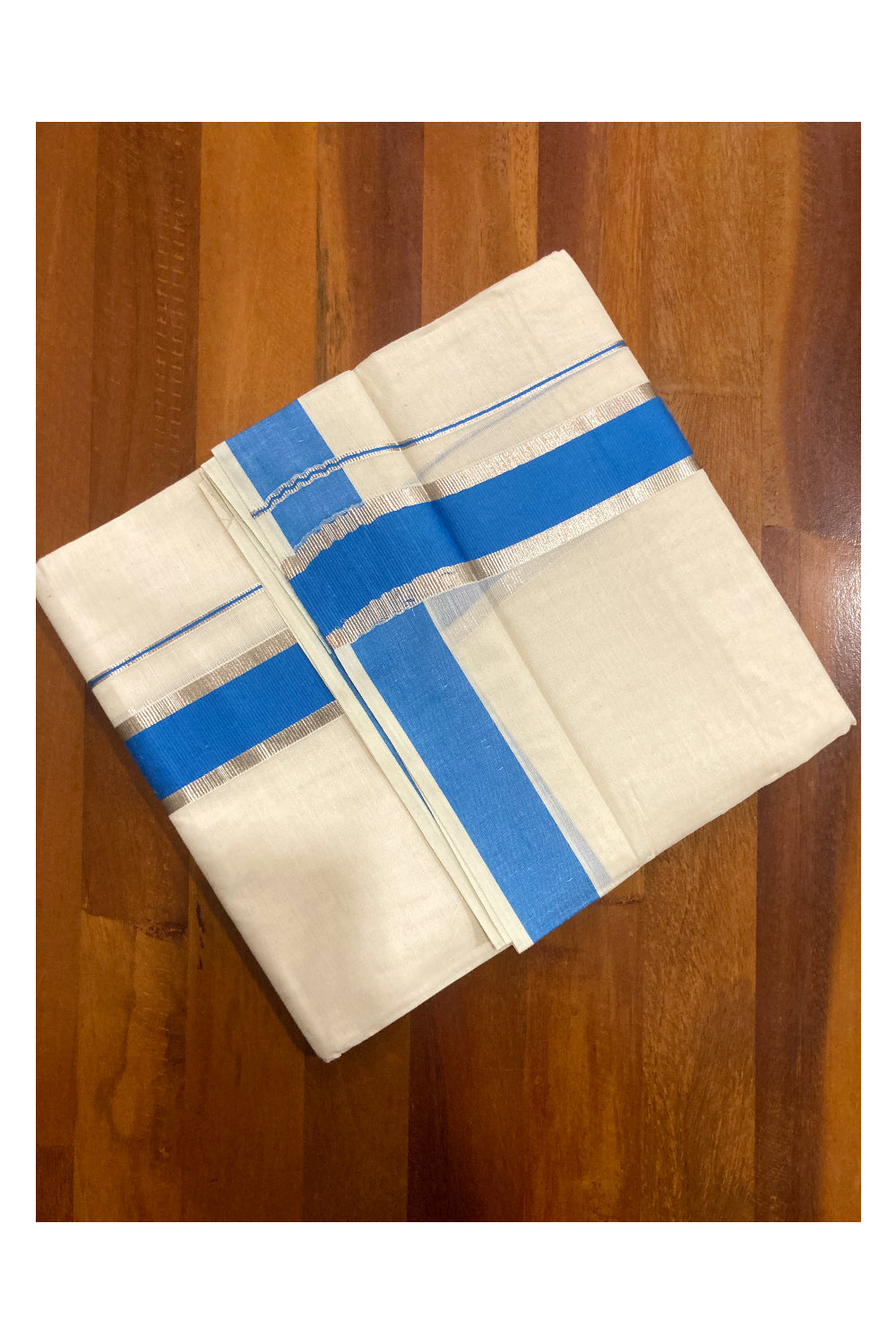 Pure Cotton Double Mundu with Blue and Silver Kasavu Border (South Indian Kerala Dhoti)