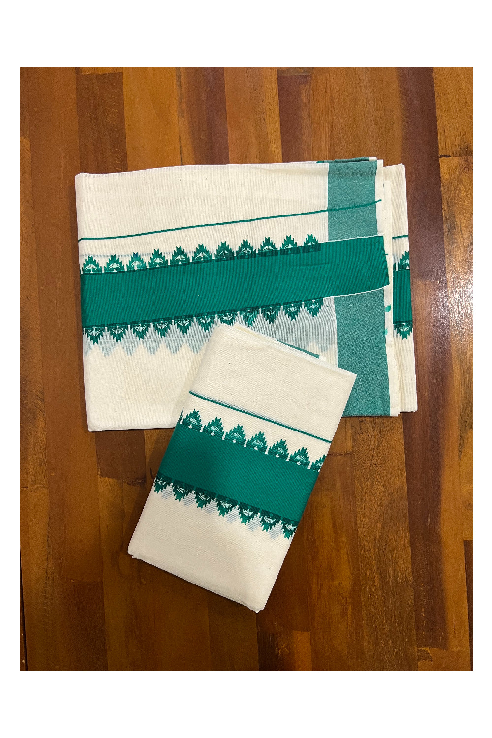 Pure Cotton Set Mundu (Mundum Neriyathum) with Green Temple Block Prints Border