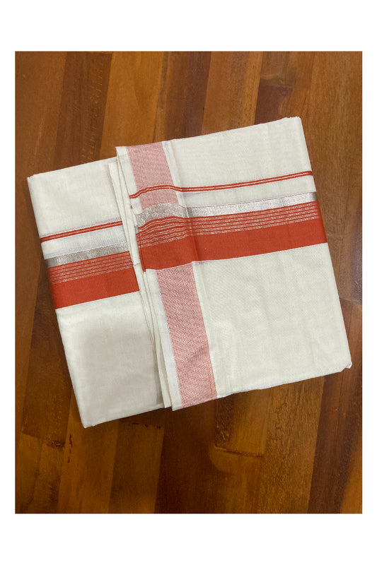 Pure Cotton Double Mundu with Dark Orange and Silver Kasavu Border (South Indian Kerala Dhoti)