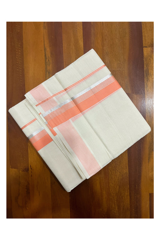 Pure Cotton Double Mundu with Peach and Silver Kasavu Border (South Indian Dhoti)