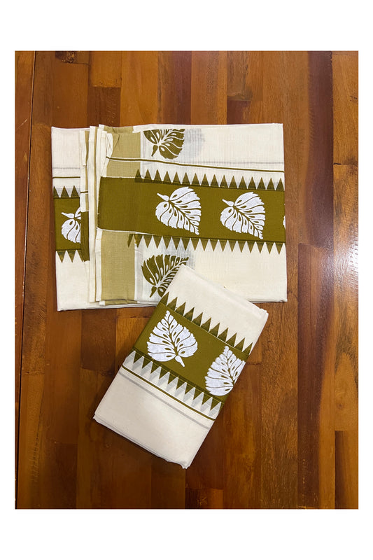 Pure Cotton Kerala Set Mundu (Mundum Neriyathum) with White Leaf Block Prints on Olive Green Temple Border