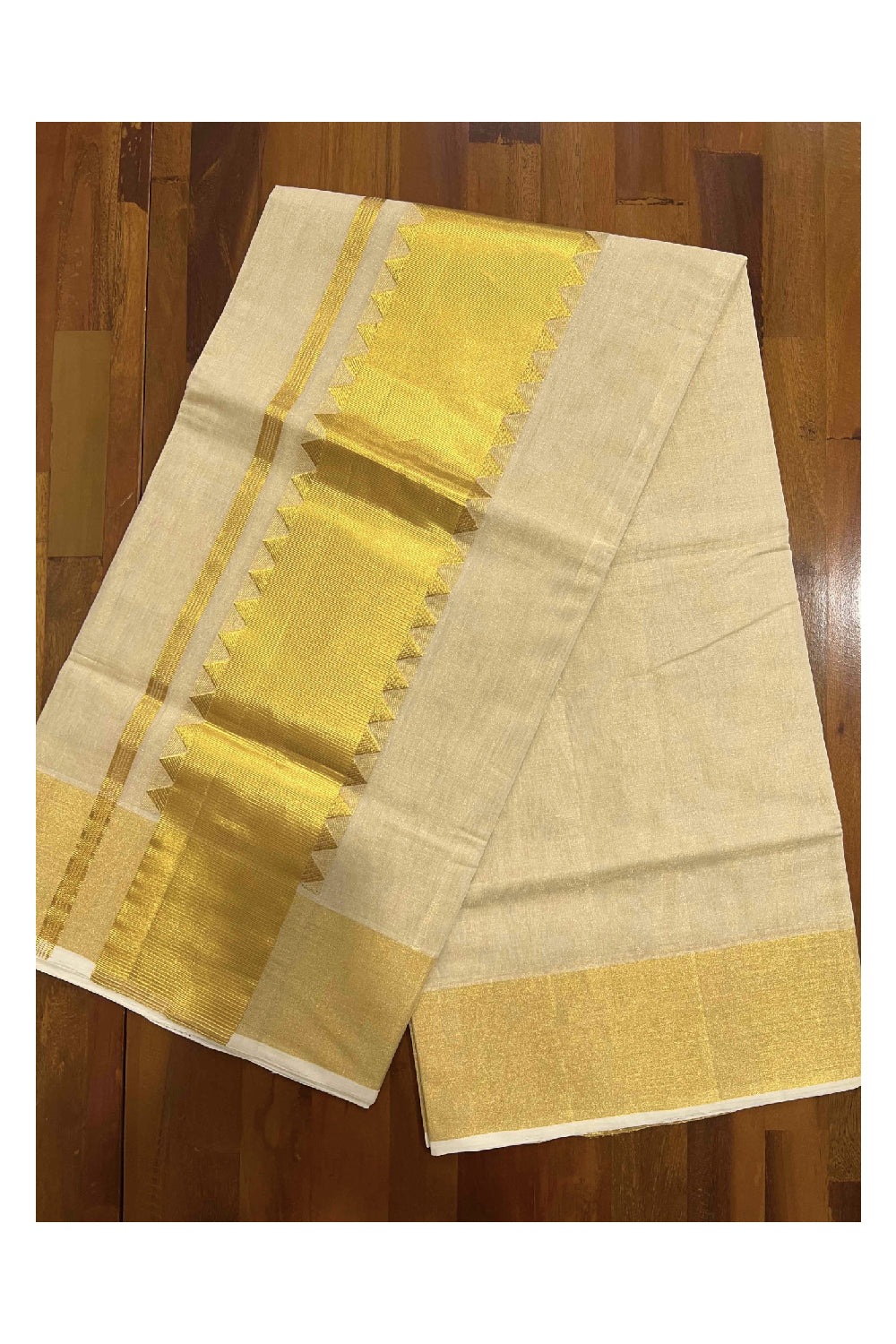 Southloom™ Original Handloom Kasavu Tissue Plain Saree with Handwoven Temple Design on Pallu
