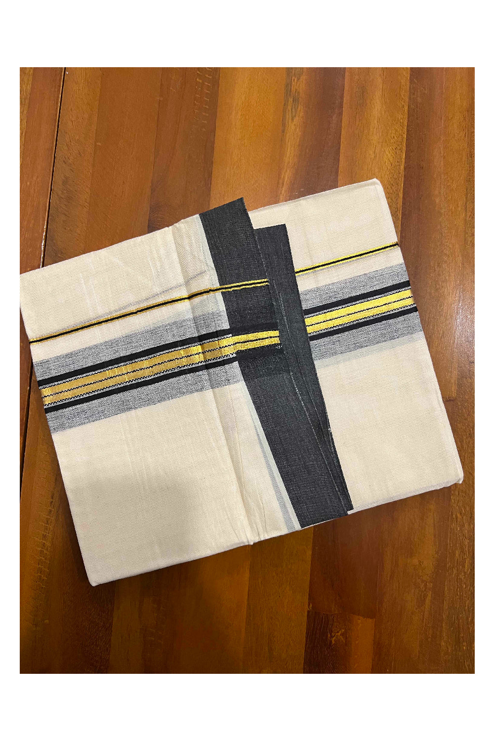 Off White Kerala Double Mundu with Kasavu and Black Border (South Indian Dhoti)