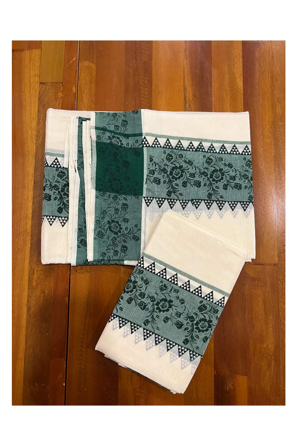 Kerala Cotton Set Mundu (Mundum Neriyathum) with Dark Green Floral Temple Block Prints on Border