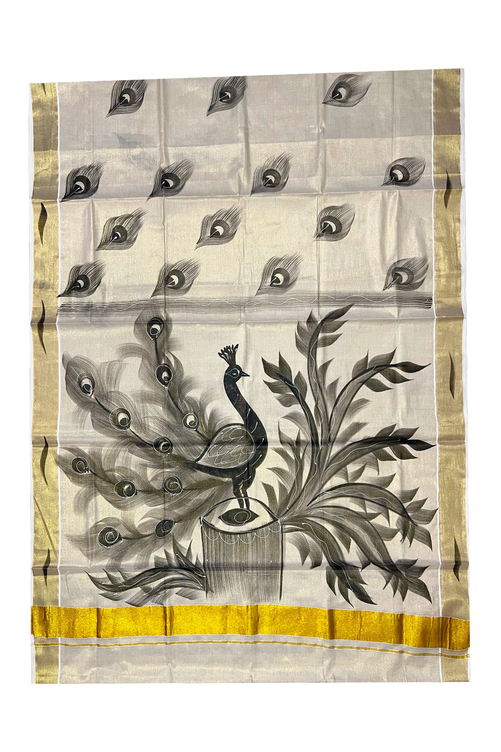 Kerala Tissue Kasavu Saree with Black Hand Painted Peacock Design