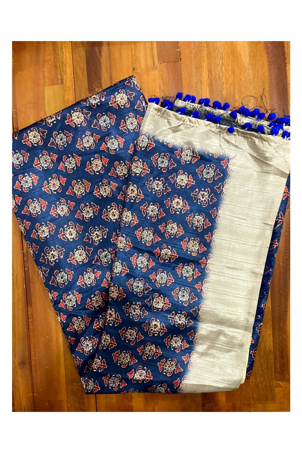 Southloom Art Silk Dark Blue Floral Printed Designer Saree