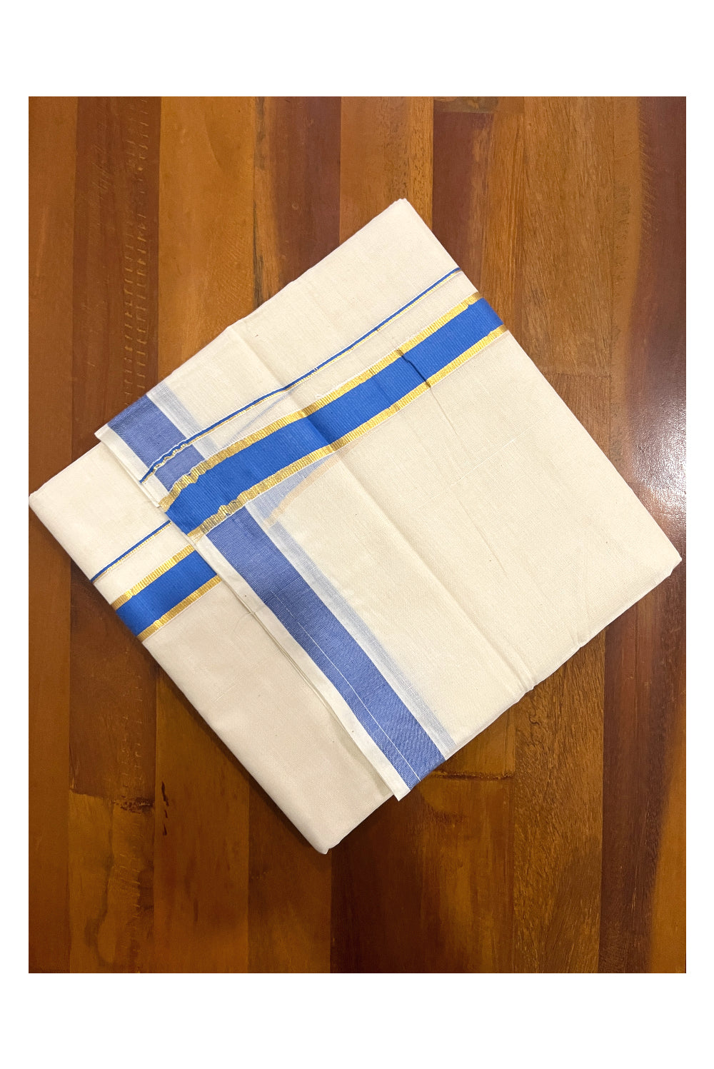 Pure Cotton Double Mundu with Kasavu Blue Kara (South Indian Dhoti)