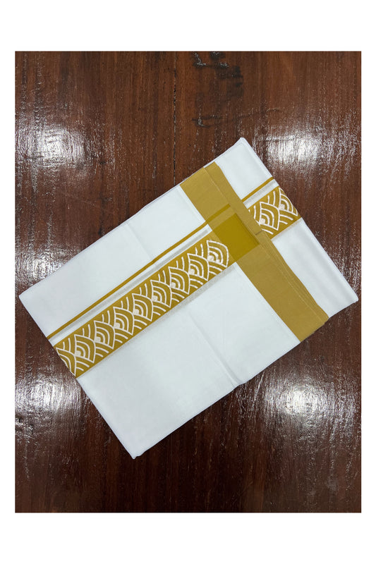 Pure White Cotton Double Mundu with Mustard Yellow Block Printed Border (South Indian Kerala Dhoti)