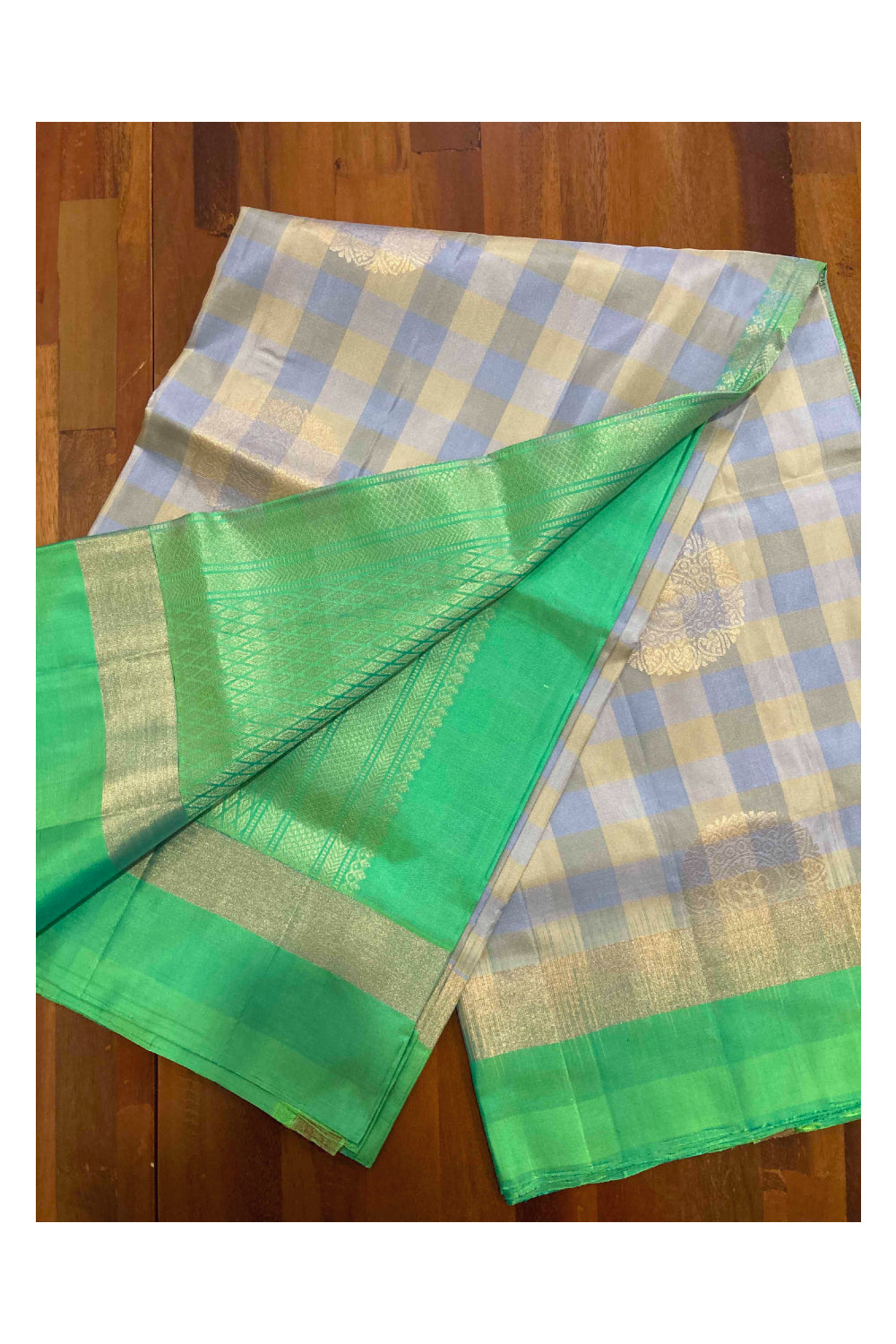 Southloom Handloom Pure Silk Kanchipuram Saree in Yellow Blue Check Design and Floral Motifs