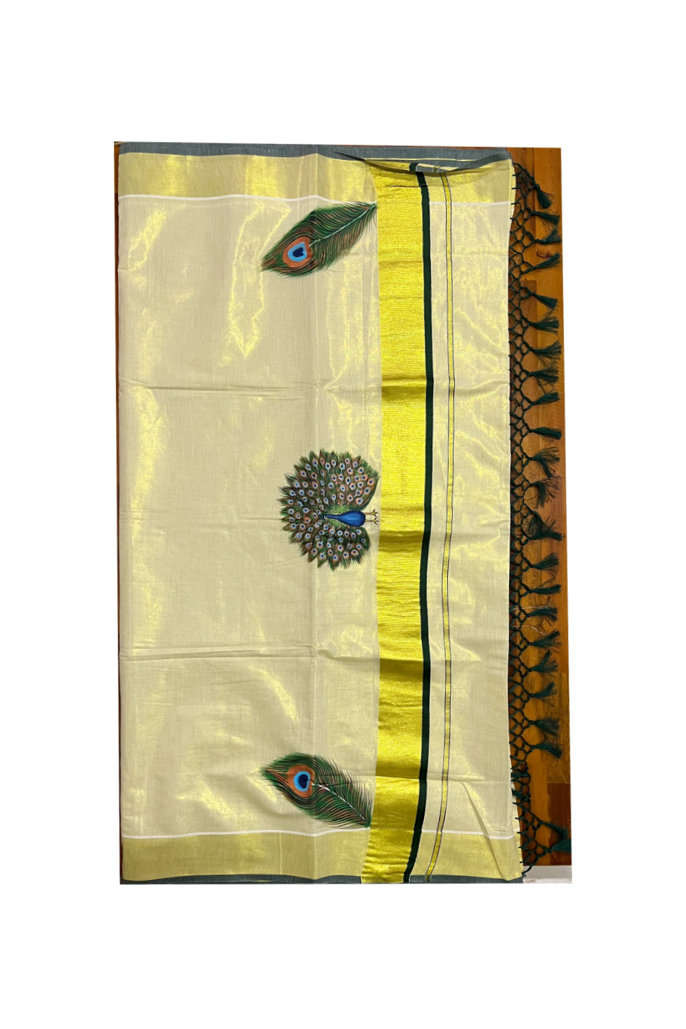 Kerala Tissue Kasavu Saree with Hand Painted Peacock Design and Dark Green Tassels Work