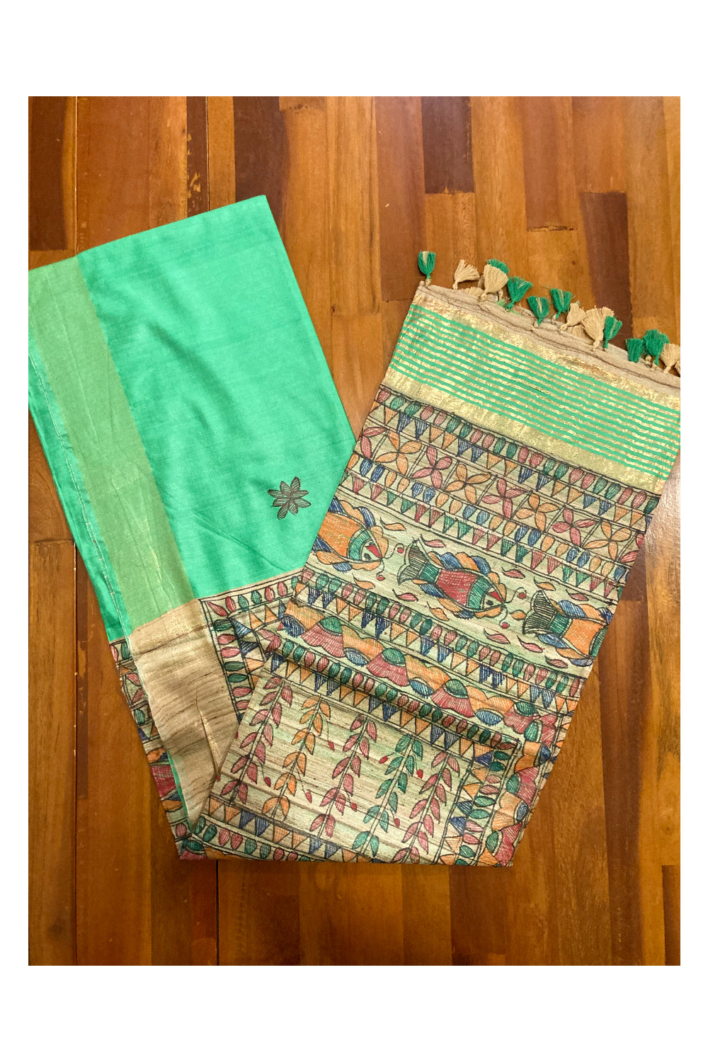 Southloom Soft Silk Green Saree with Multi-Coloured Art Works on Pallu