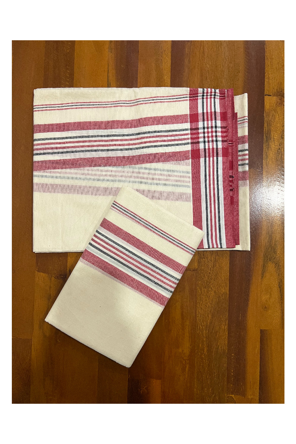 Kerala Cotton Mundum Neriyathum Single (Set Mundu) with Red and Green Mulloth Border (Extra Soft Cotton)