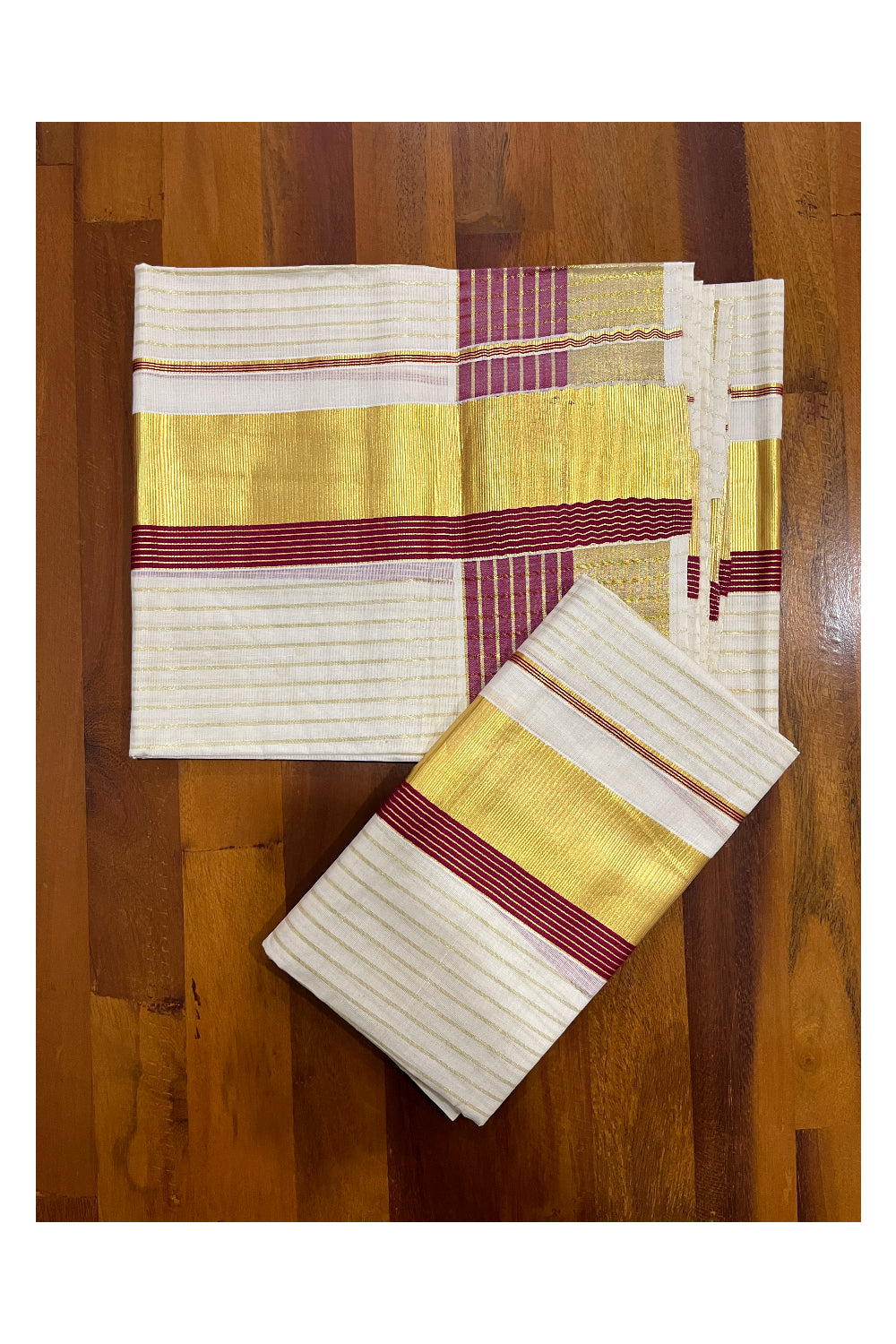 Kerala Cotton Set Mundu (Mundum Neriyathum) with Kasavu Lines on Body and Maroon Border 2.80 Mtrs