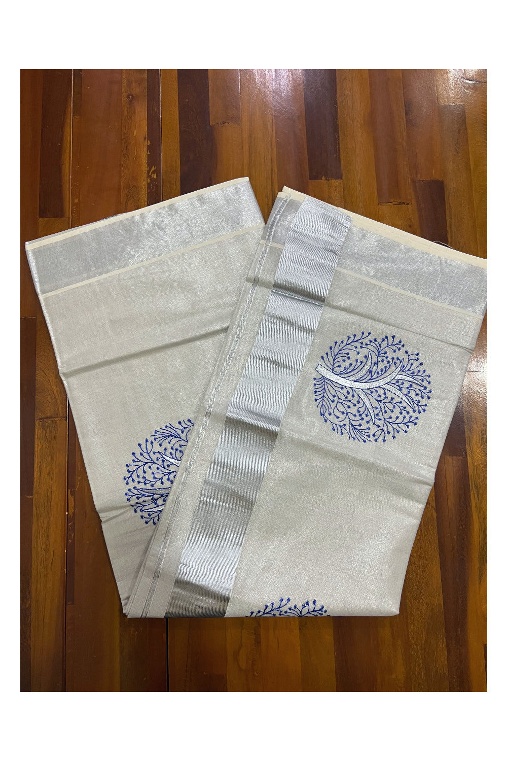 Kerala Silver Tissue Kasavu Saree with Blue Floral Thread works