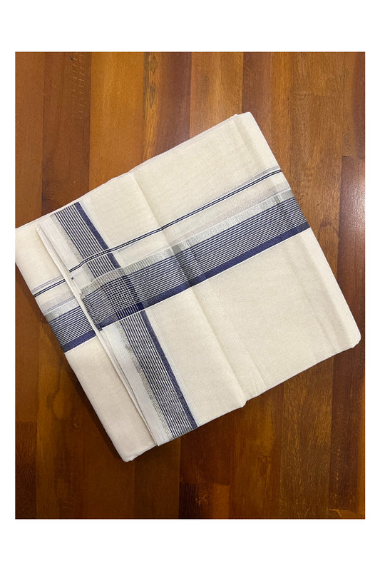 Southloom Balaramapuram Handloom Pure Cotton Mundu with Silver and Dark Blue Kasavu Border (South Indian Dhoti)