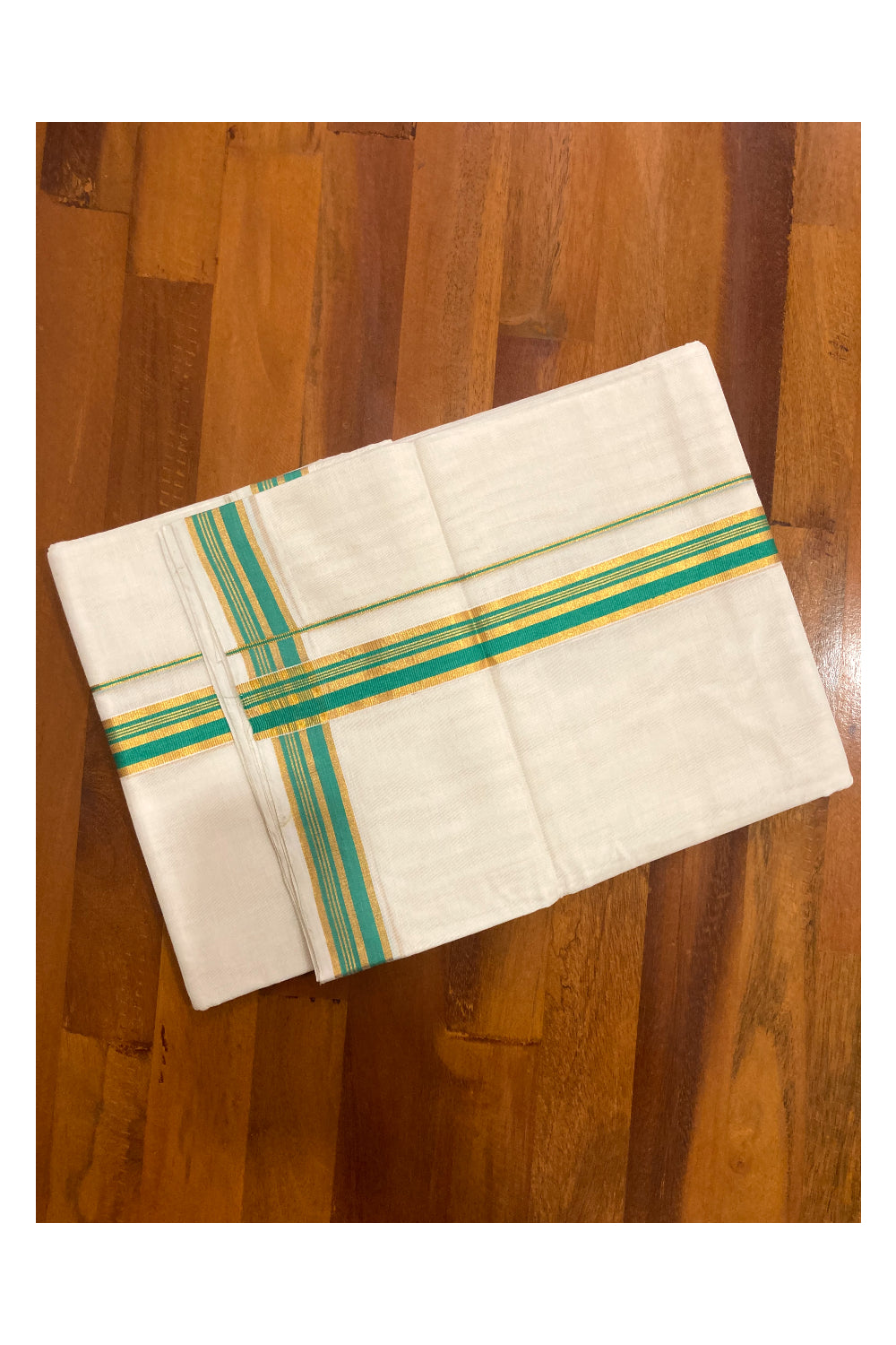 Southloom Premium Handloom Pure Cotton Mundu with Kasavu and Green Line Border (South Indian Dhoti)