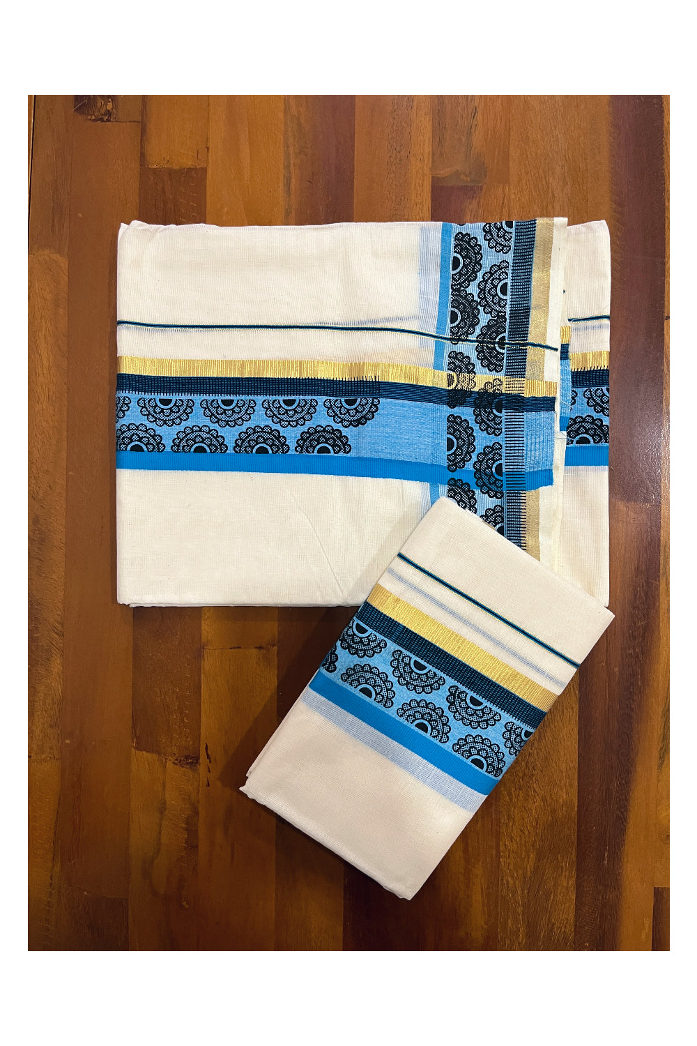 Kerala Cotton Single Kasavu Set Mundu (Mundum Neriyathum) with Block Prints on Blue Border