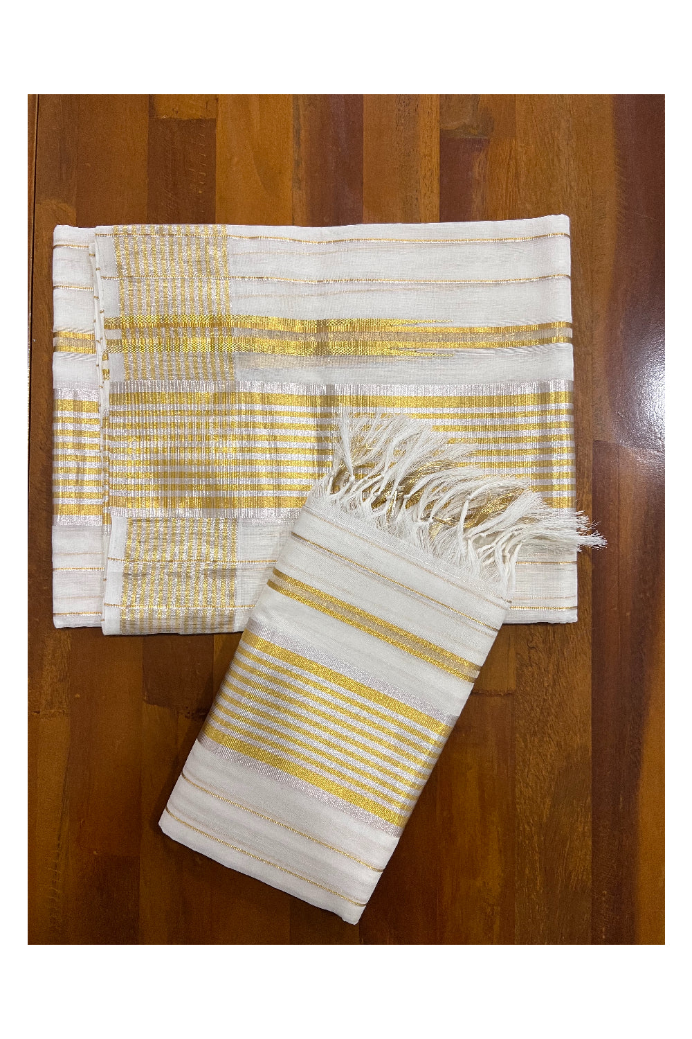 Southloom™ Handloom Premium Single Mundum Neriyathum (Set Mundu) with Silver and Golden Kasavu Lines Work on Body 2.80 Mtrs