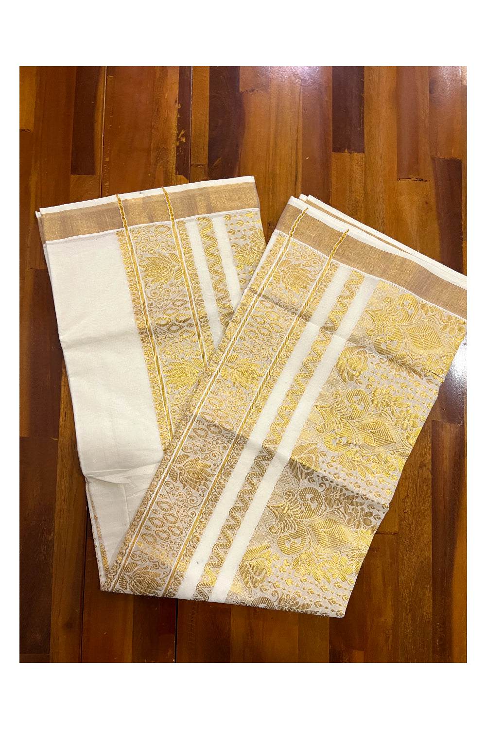 Pure Cotton Kerala Kasavu Heavy Work Saree with Floral Woven Design