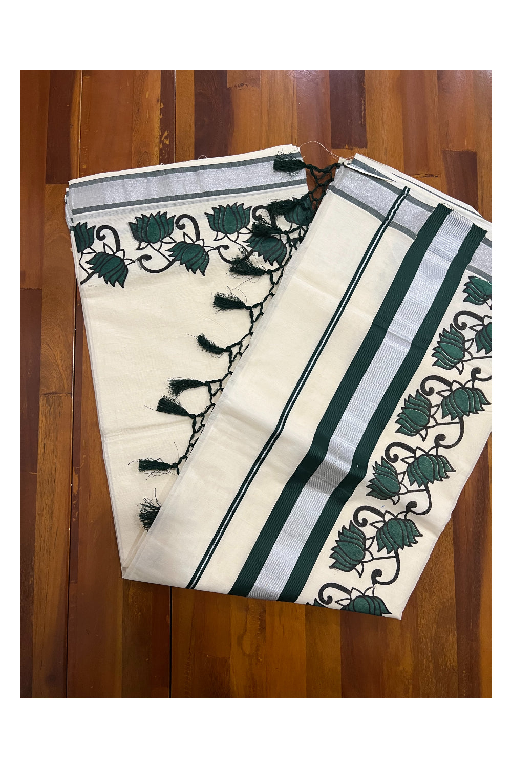 Pure Cotton Kerala Silver Kasavu and Dark Green Border Saree with Mural Floral Prints