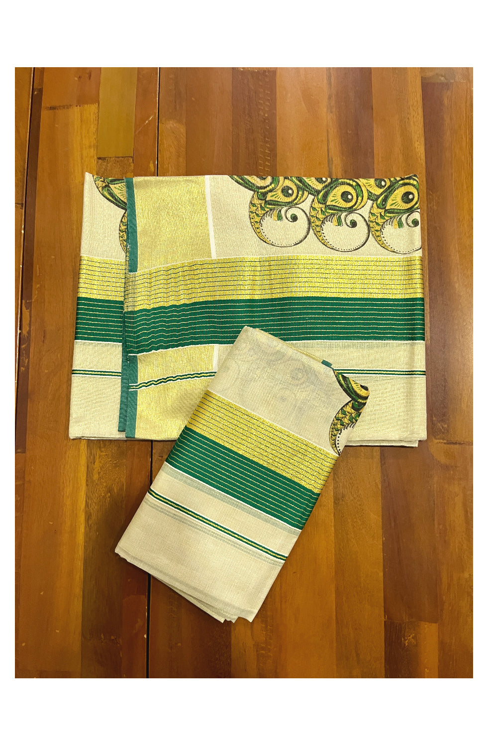 Kerala Tissue Set Mundu (Mundum Neriyathum) with Block Prints on Green and Kasavu Border 2.80 Mtrs