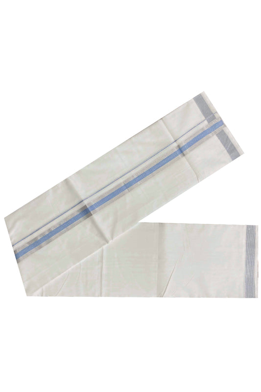 Southloom Premium Handloom Double Mundu with Silver Kasavu and Blue Kara