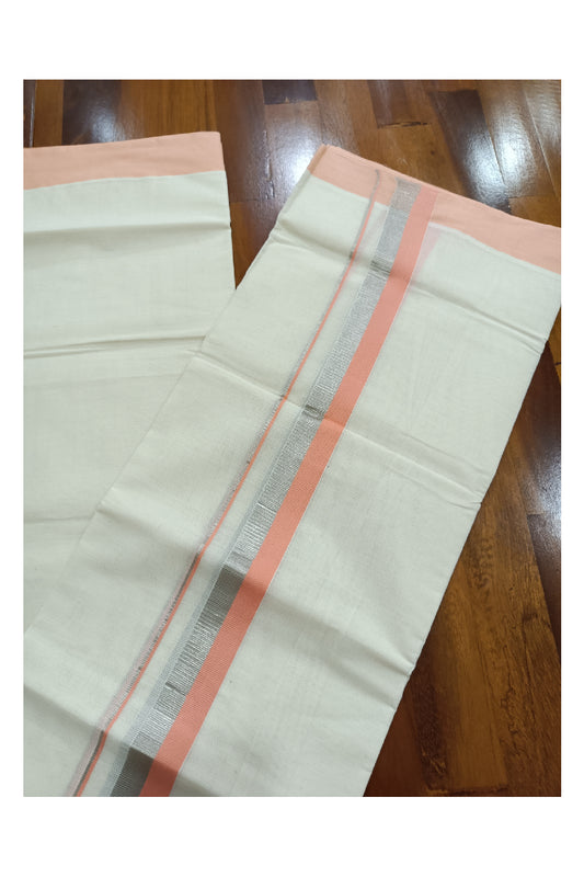 Off White Kerala Double Mundu with Silver Kasavu and Sandal Colour Kara (South Indian Dhoti)