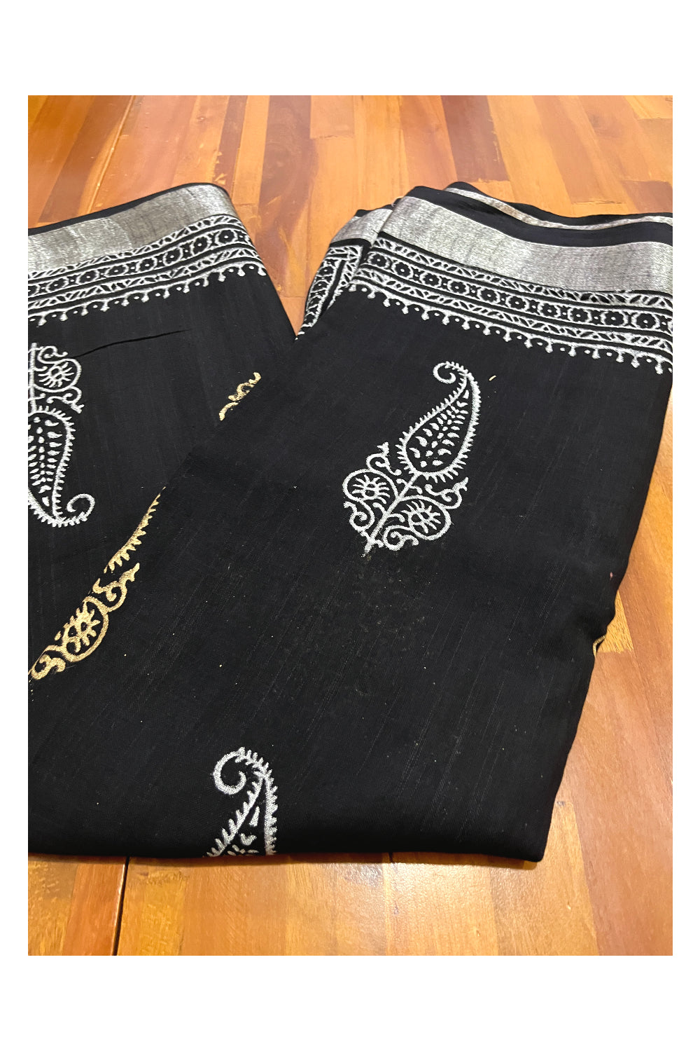 Southloom Linen Designer Black Saree with Fabric Prints on Body and Tassels Works