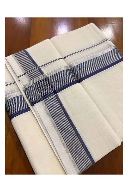 Southloom Balaramapuram Handloom Pure Cotton Mundu with Silver and Dark Blue Kasavu Border (South Indian Dhoti)