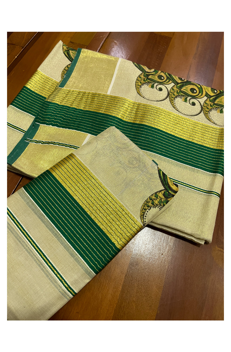 Kerala Tissue Set Mundu (Mundum Neriyathum) with Block Prints on Green and Kasavu Border 2.80 Mtrs