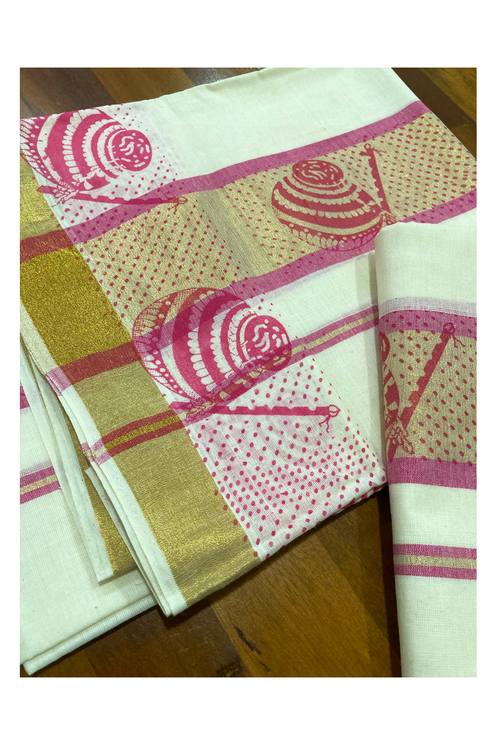 Kerala Cotton Kasavu Set Mundu (Mundum Neriyathum) with Pink Block Prints on Border