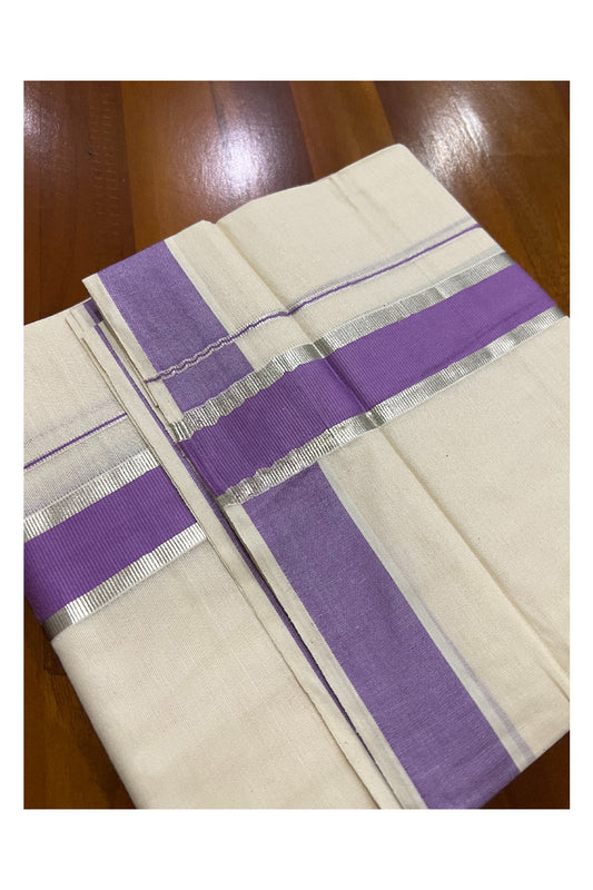 Off White Kerala Double Mundu with Silver Kasavu and Violet Border (South Indian Dhoti)