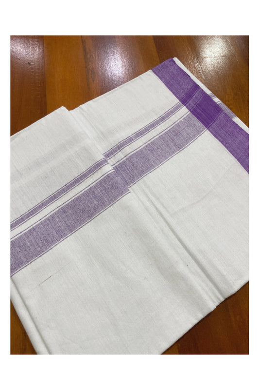 Southloom Premium Handloom Pure White Solid Single Mundu (Lungi) with Violet Border