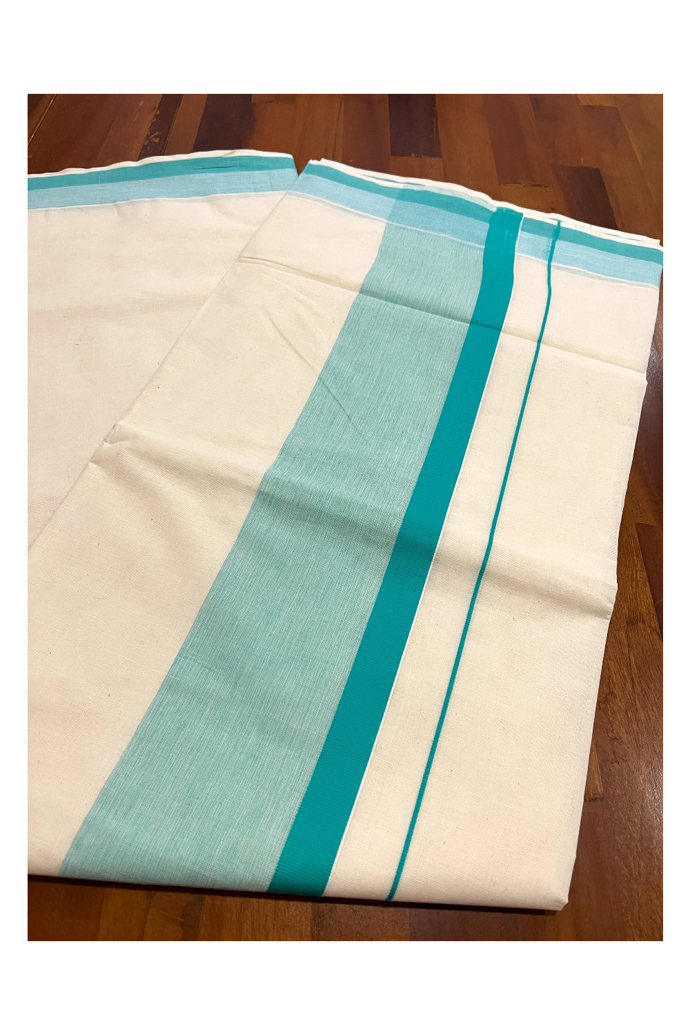 Pure Cotton Off White Kerala Saree with Turquoise Shaded Border