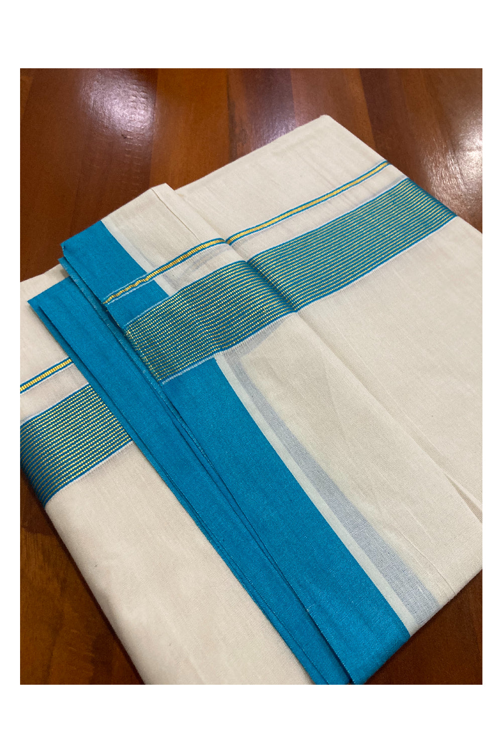 Off White Kerala Double Mundu with Kasavu and Light Blue Line Border (South Indian Dhoti)