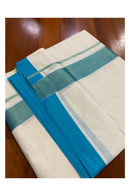 Off White Kerala Double Mundu with Kasavu and Light Blue Line Border (South Indian Dhoti)