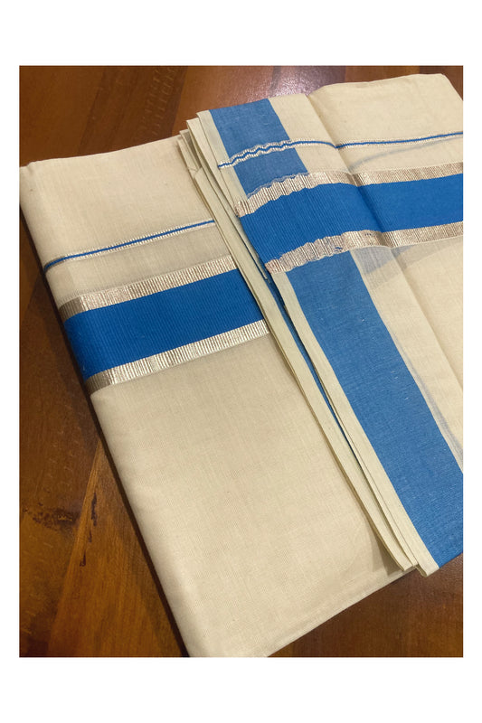 Pure Cotton Double Mundu with Blue and Silver Kasavu Border (South Indian Kerala Dhoti)