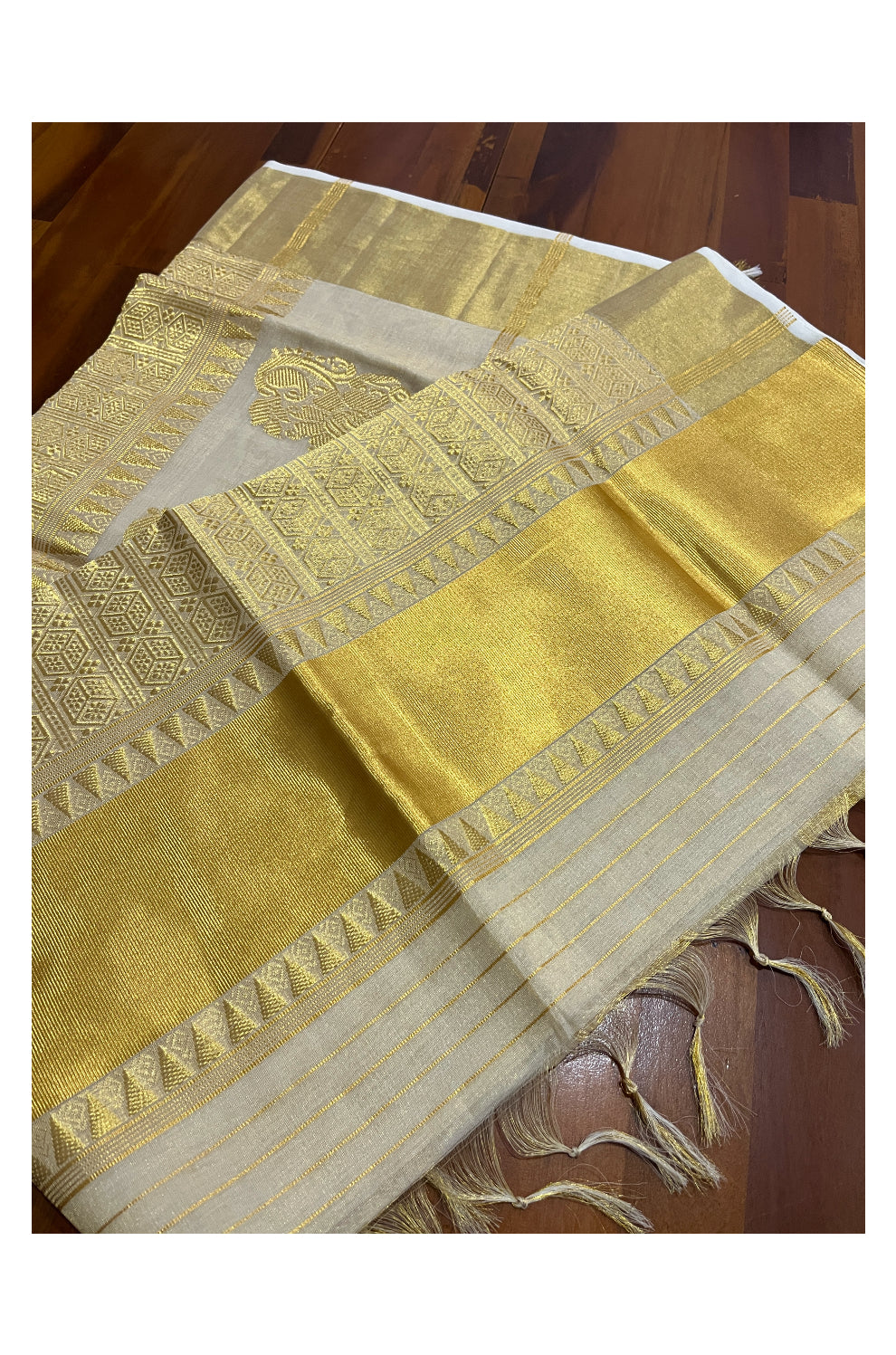 Southloom Premium Handloom Tissue Kerala Saree with Kasavu Heavy Woven Works