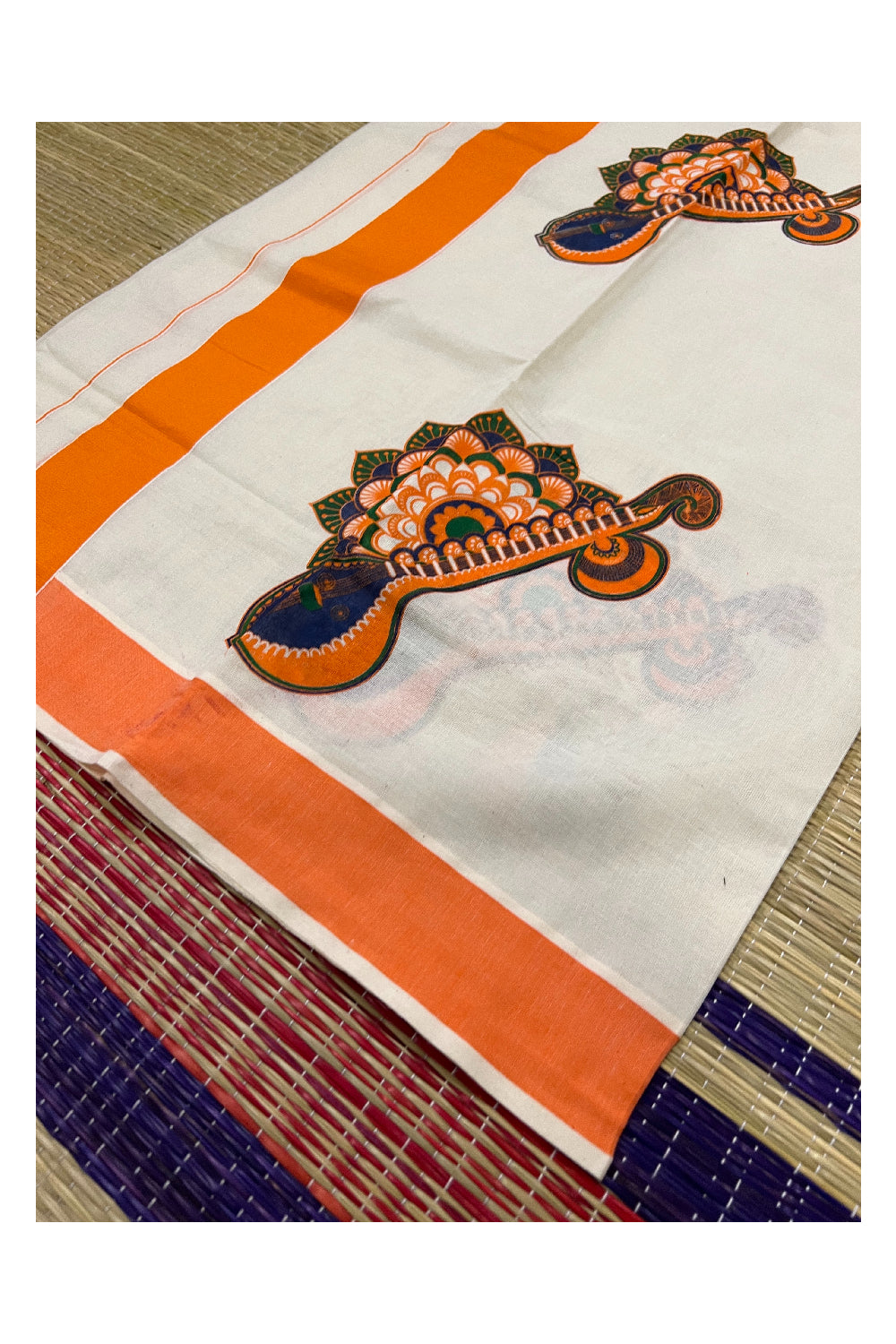 Kerala Cotton Set Mundu (Mundum Neriyathum) with Mural Printed Orange Border