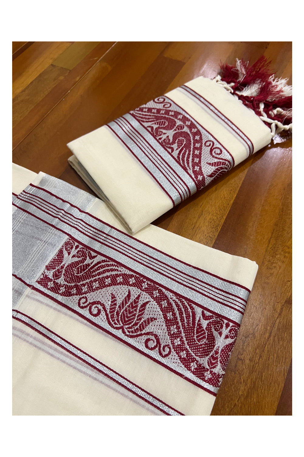 Kerala Cotton Set Mundu Single (Mundum Neriyathum) with Silver Kasavu and Maroon Woven Border and Tassels Work