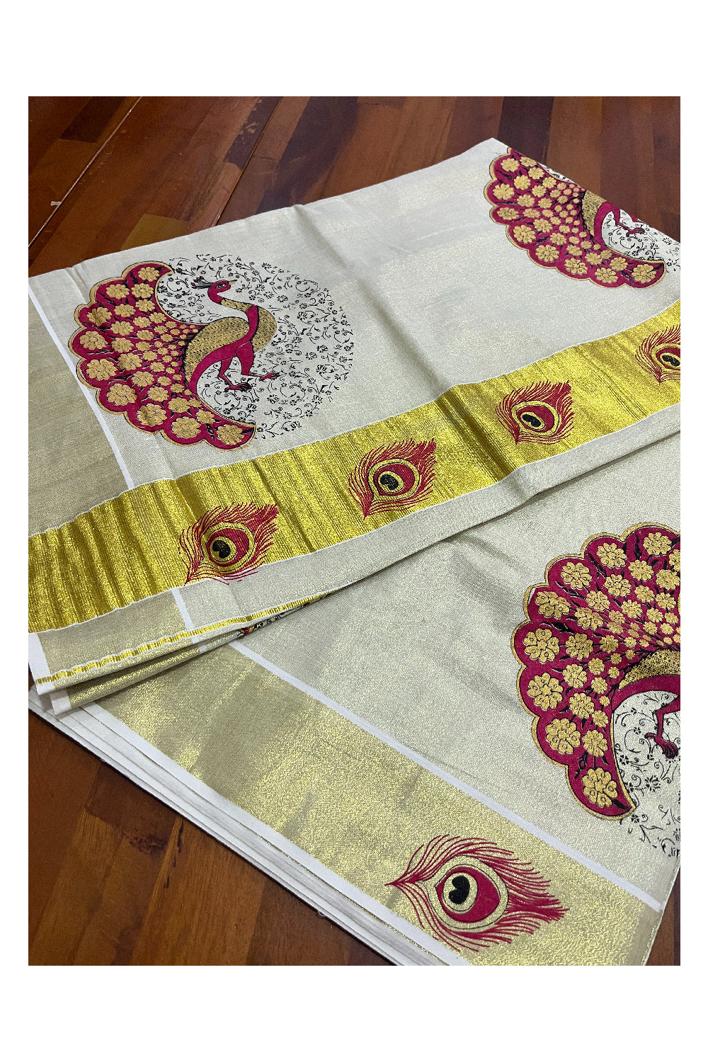 Kerala Tissue Kasavu Saree with Red Peacock Mural Printed Design