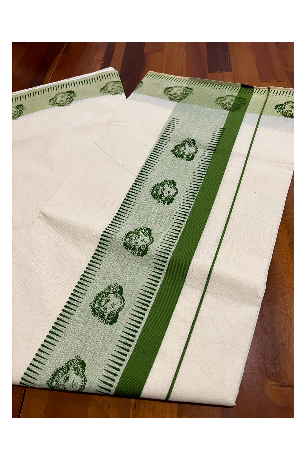 Pure Cotton Kerala Saree with Green Krishna Block Printed Border (Onam Saree 2023)